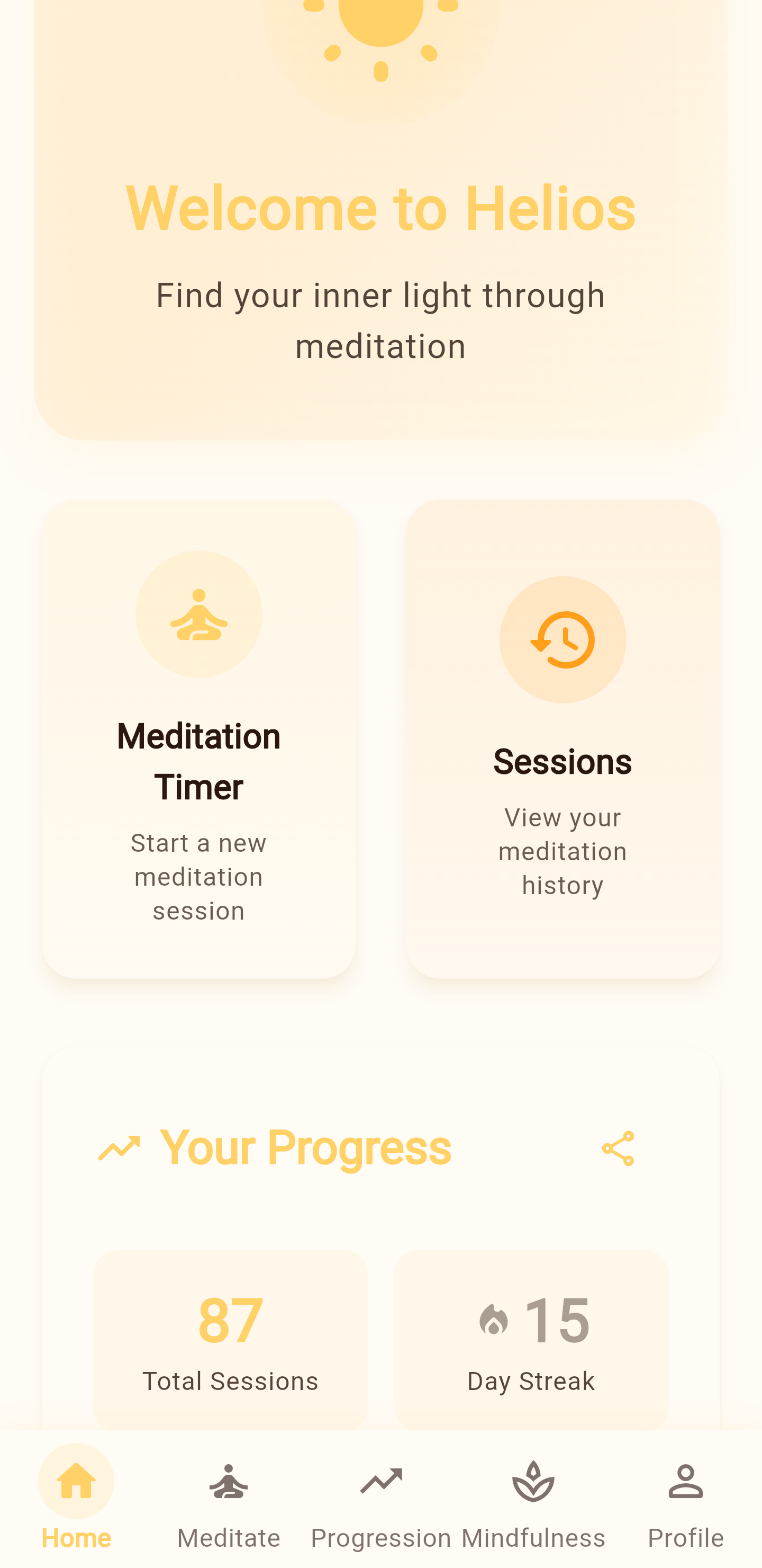 Helios home screen with statistics